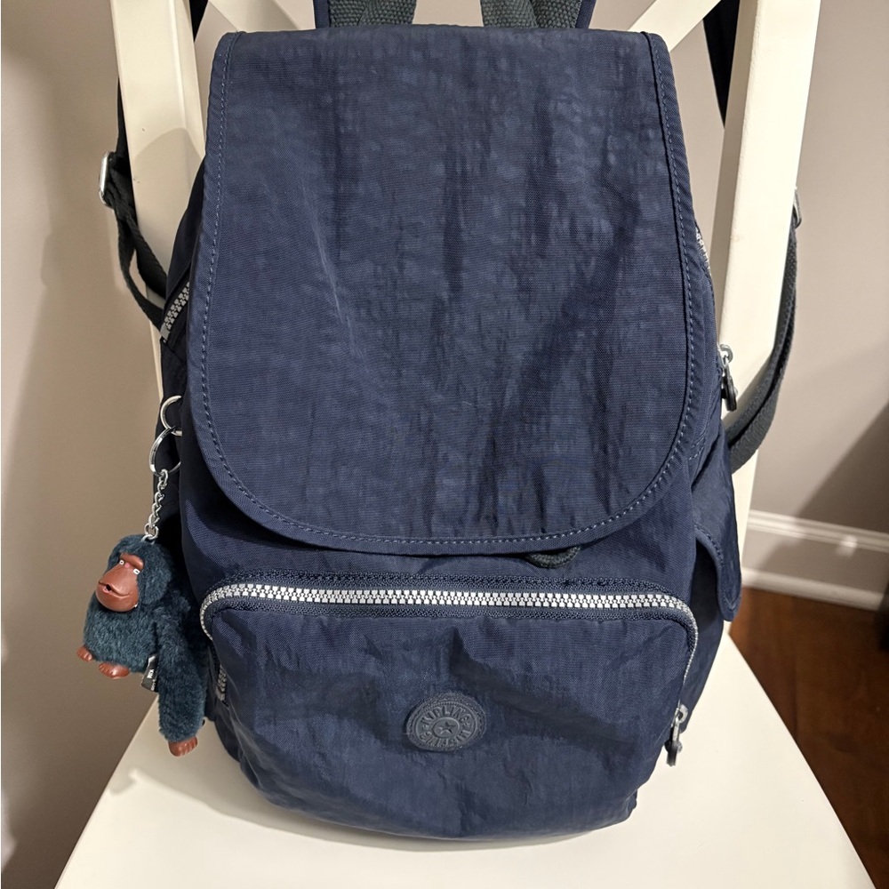 Kipling Navy Blue Everyday Backpack with Monkey Keychain